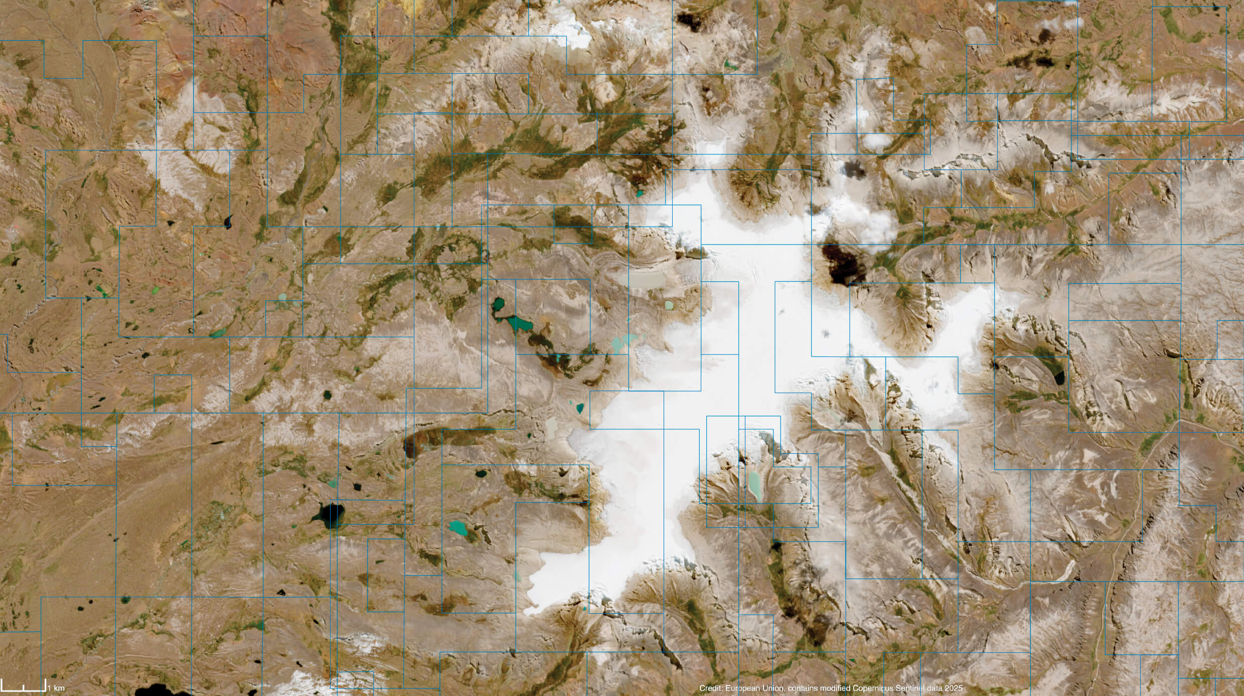 Aerial map from the Quelccaya region. The illustration overlays lithium mining concessions traced in the Quelccaya region, using data from Geocatmin: Geological, Mining, and Energy Information for Peru.